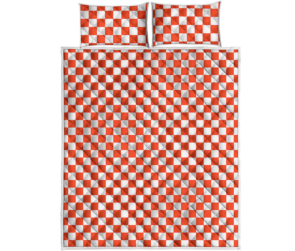 Lava Orange And White Checkered Print Quilt Bed Set