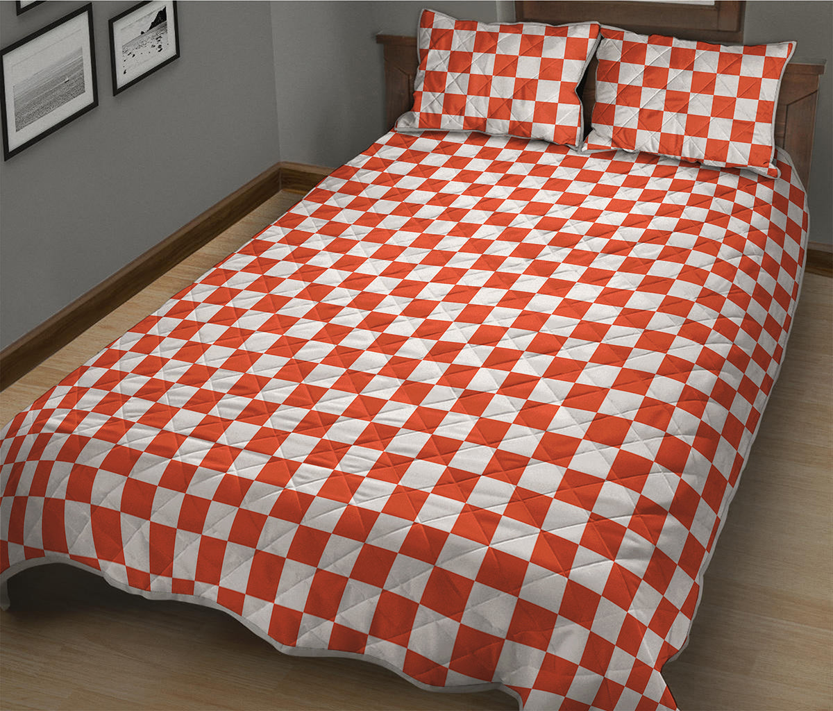 Lava Orange And White Checkered Print Quilt Bed Set