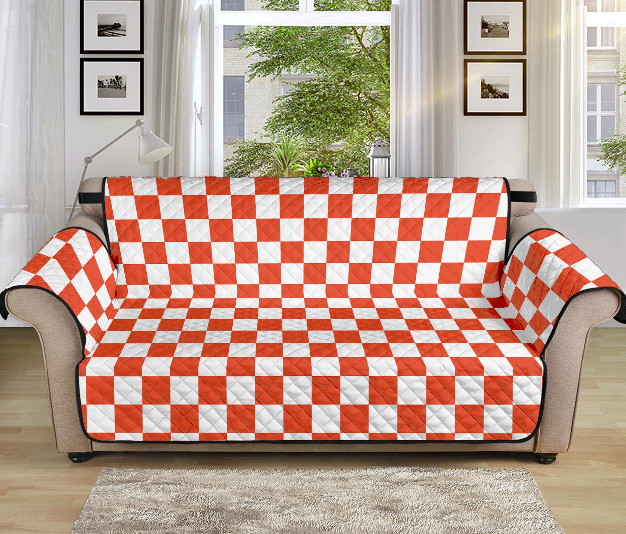 Lava Orange And White Checkered Print Sofa Protector