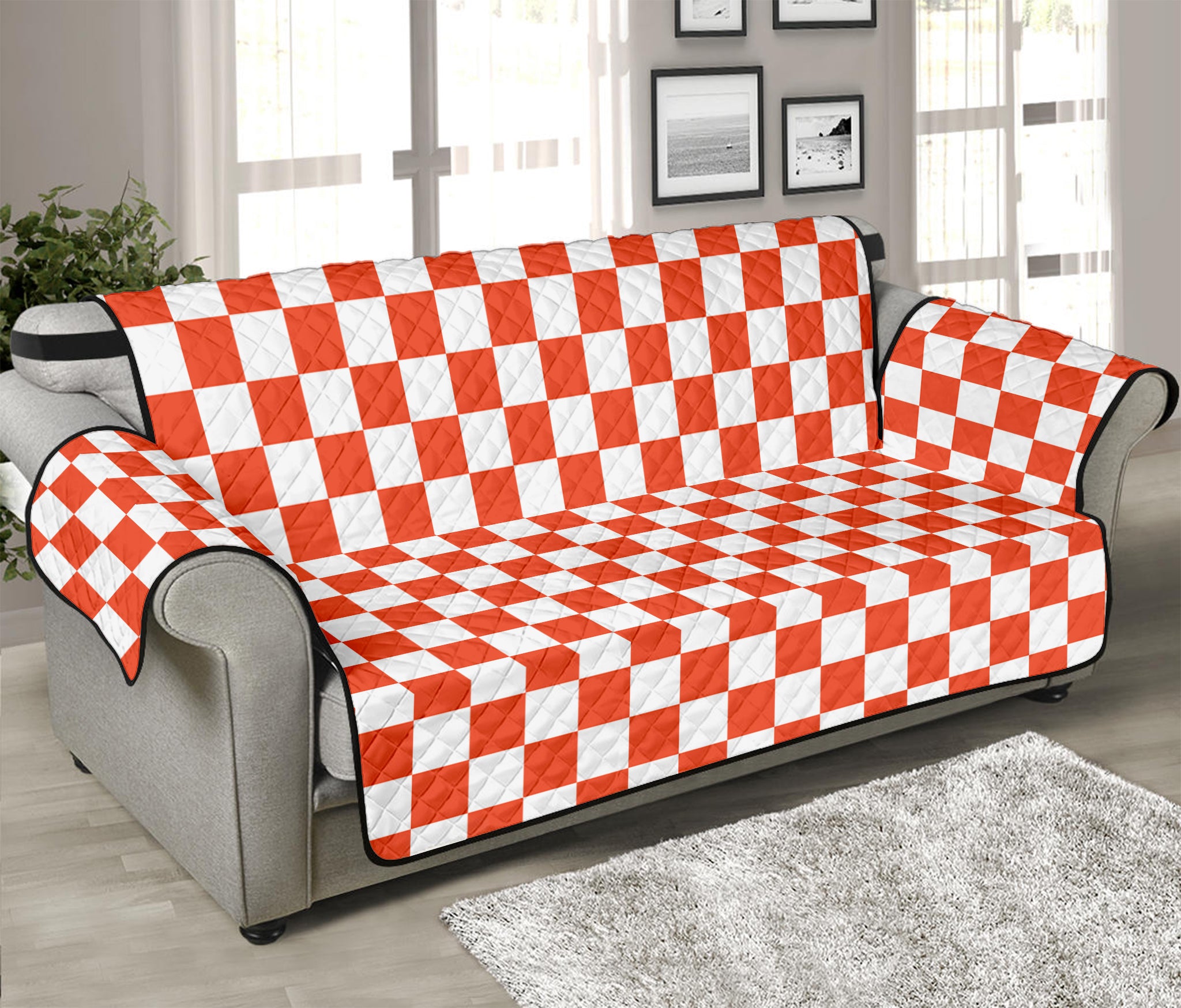 Lava Orange And White Checkered Print Sofa Protector