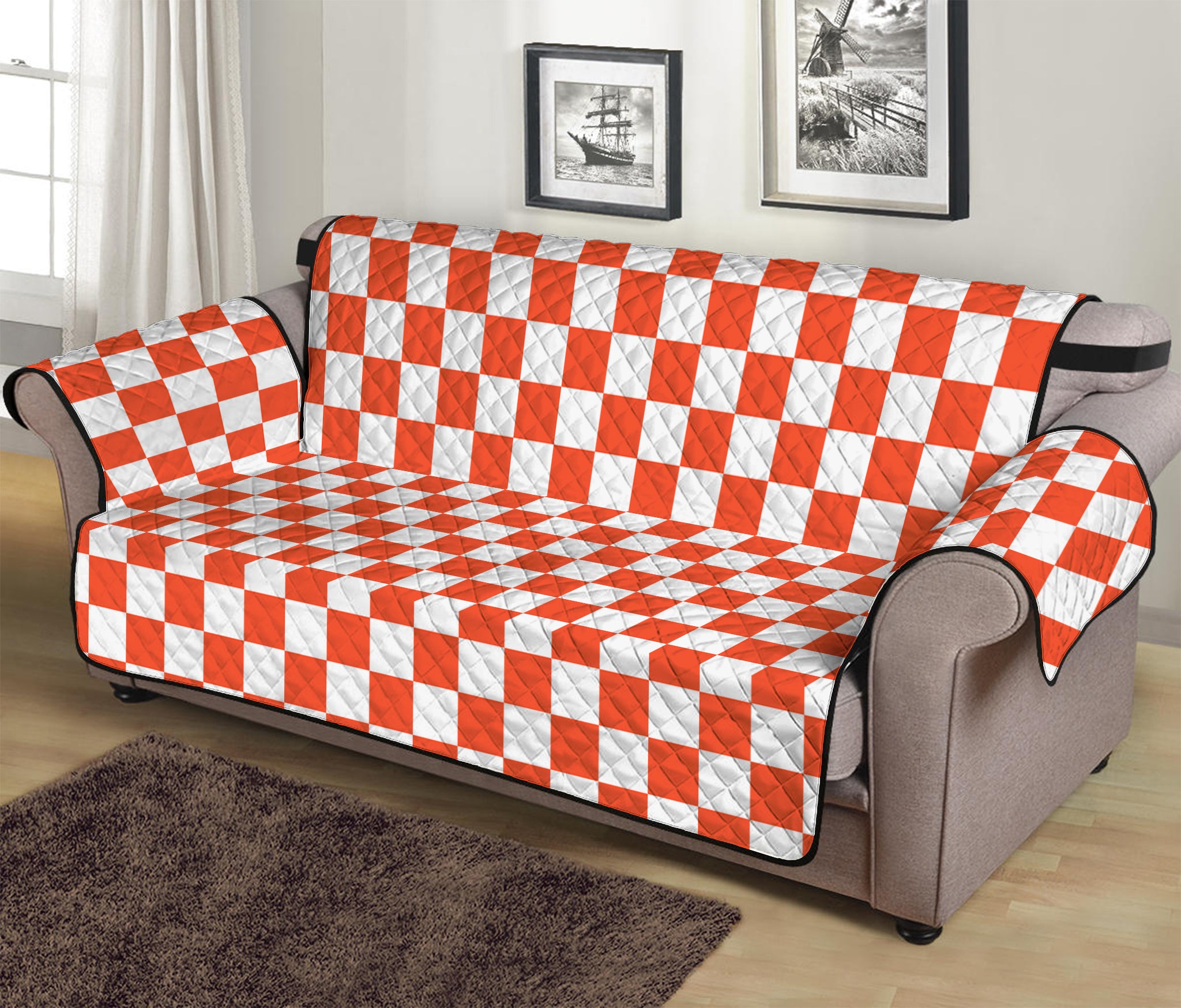 Lava Orange And White Checkered Print Sofa Protector