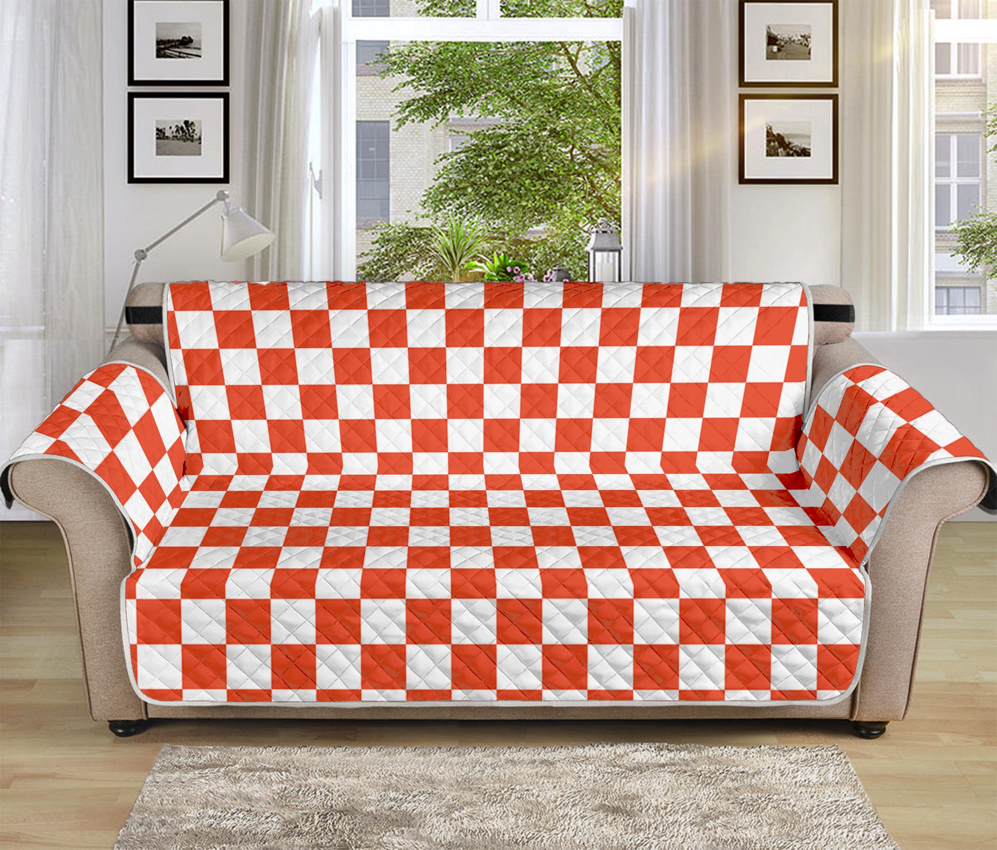 Lava Orange And White Checkered Print Sofa Protector