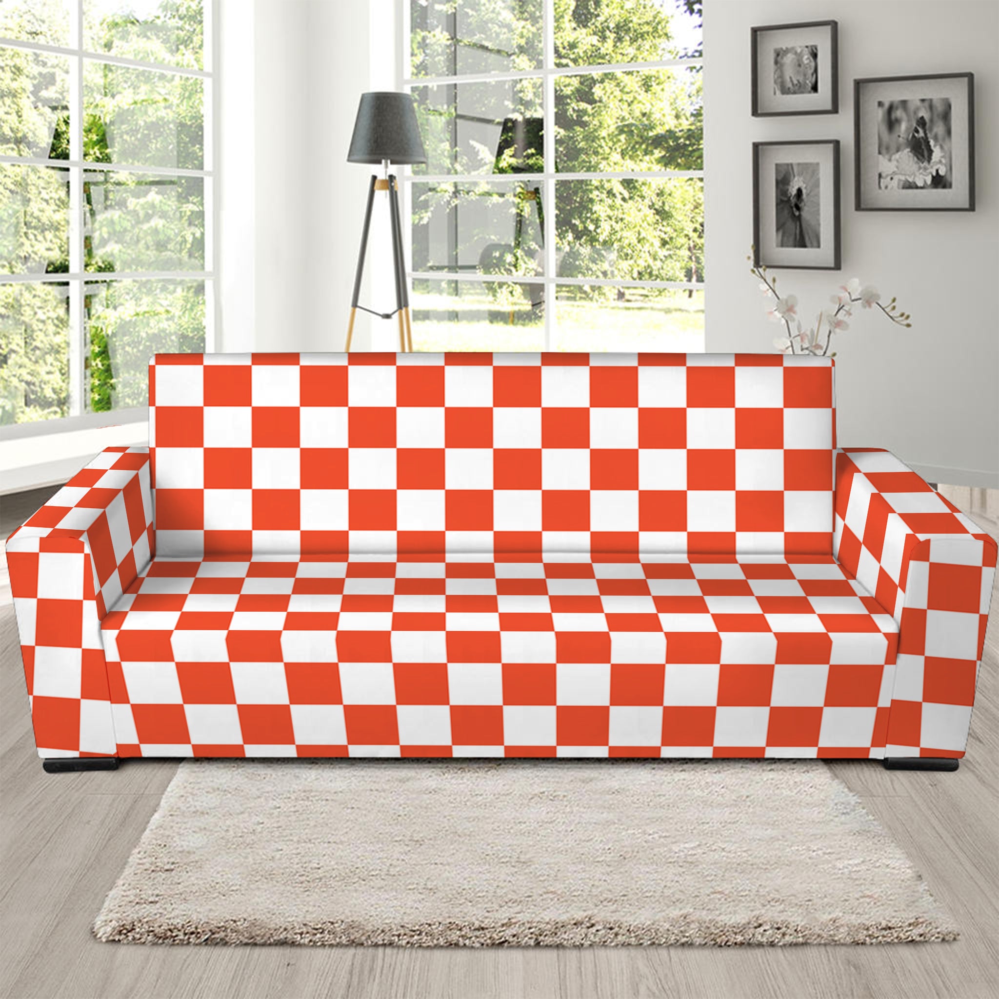 Lava Orange And White Checkered Print Sofa Slipcover