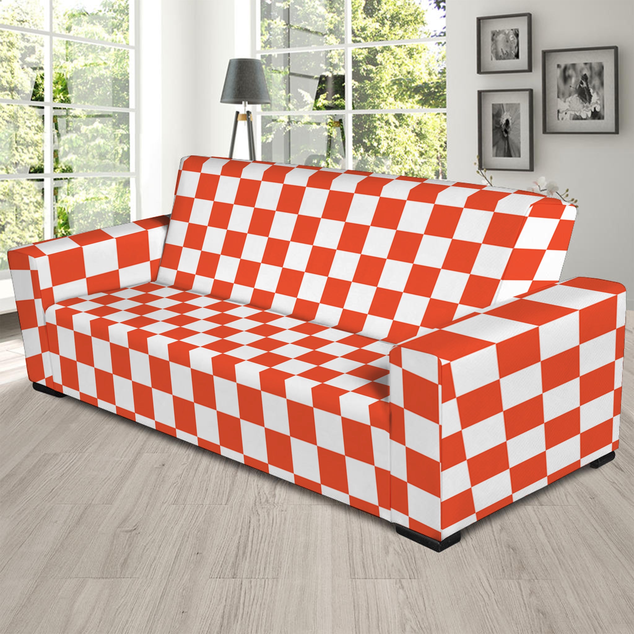 Lava Orange And White Checkered Print Sofa Slipcover