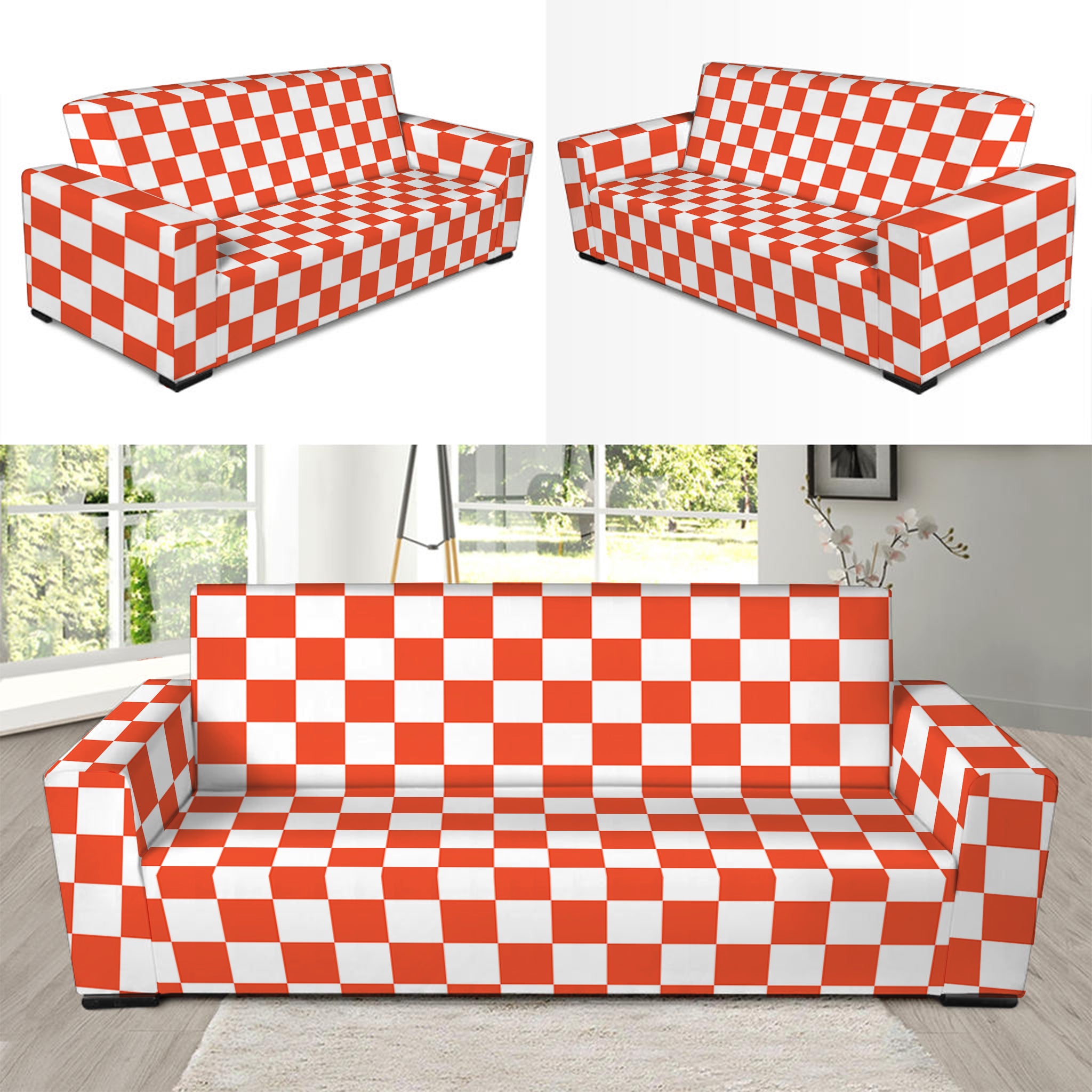 Lava Orange And White Checkered Print Sofa Slipcover