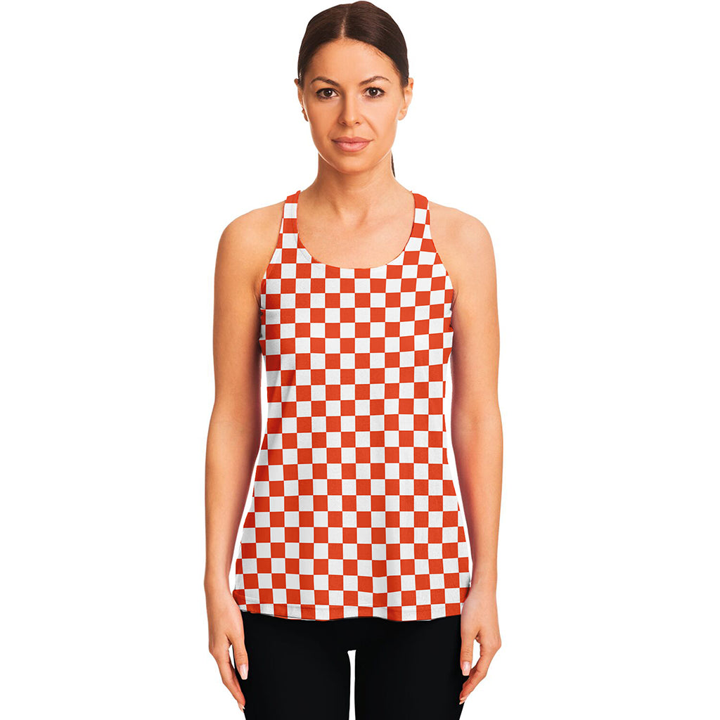 Lava Orange And White Checkered Print Women's Racerback Tank Top