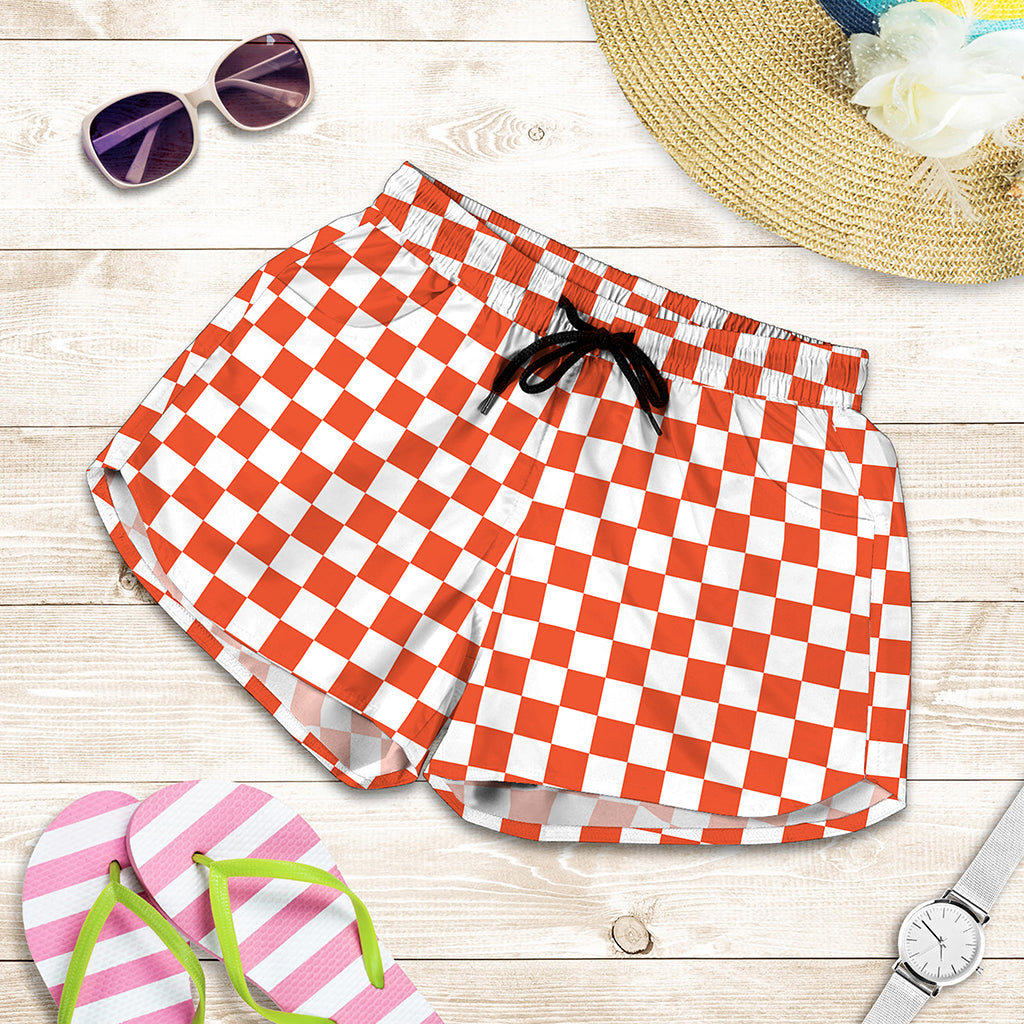 Lava Orange And White Checkered Print Women's Shorts