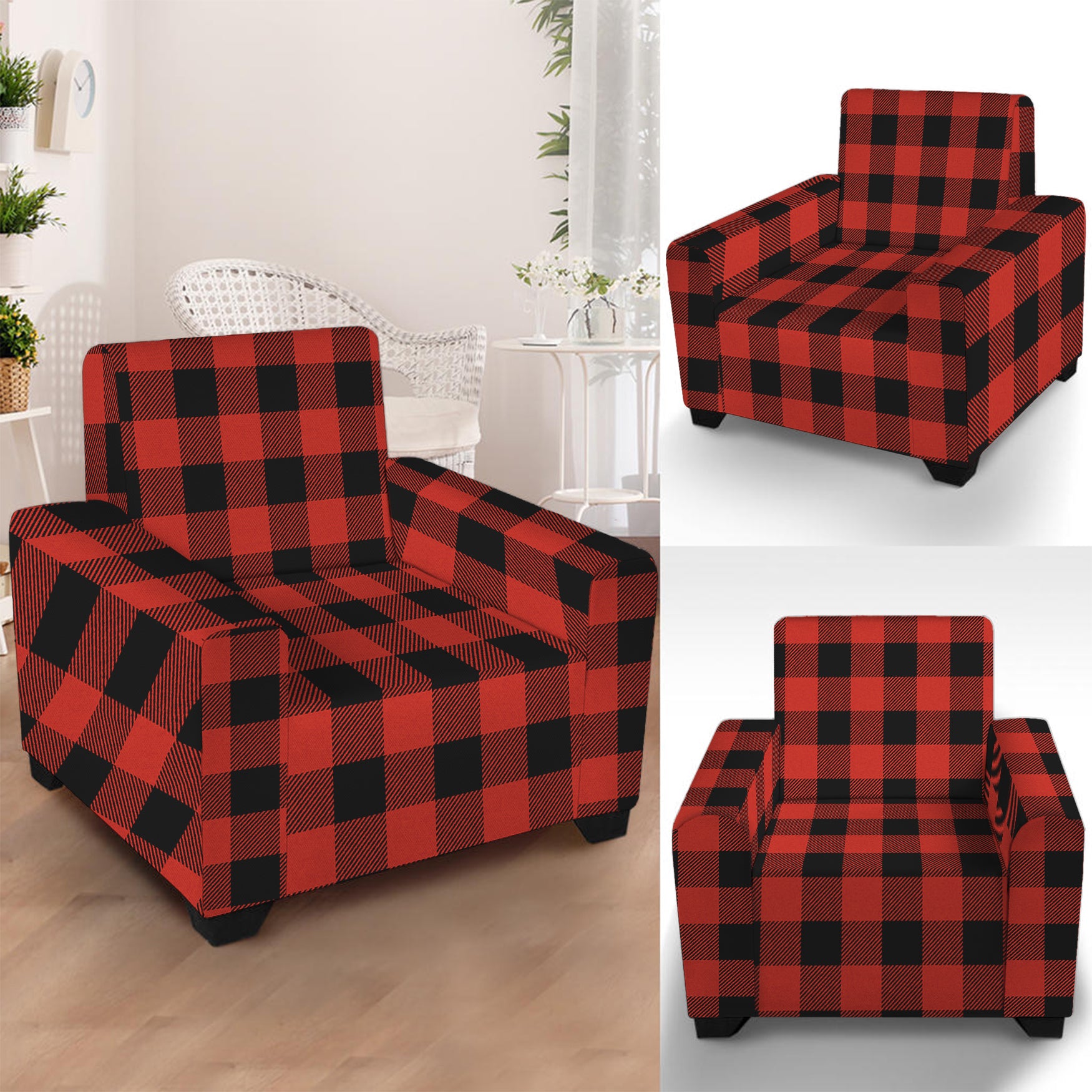 Lava Orange Buffalo Check Pattern Print Armchair Slipcover