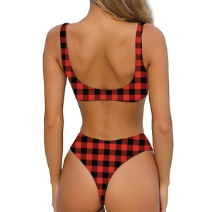 Lava Orange Buffalo Check Pattern Print Front Bow Tie Bikini