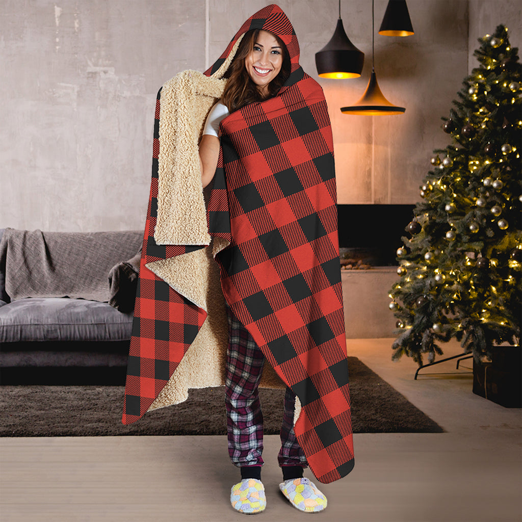 Lava Orange Buffalo Check Pattern Print Hooded Blanket