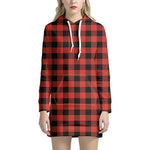 Lava Orange Buffalo Check Pattern Print Hoodie Dress