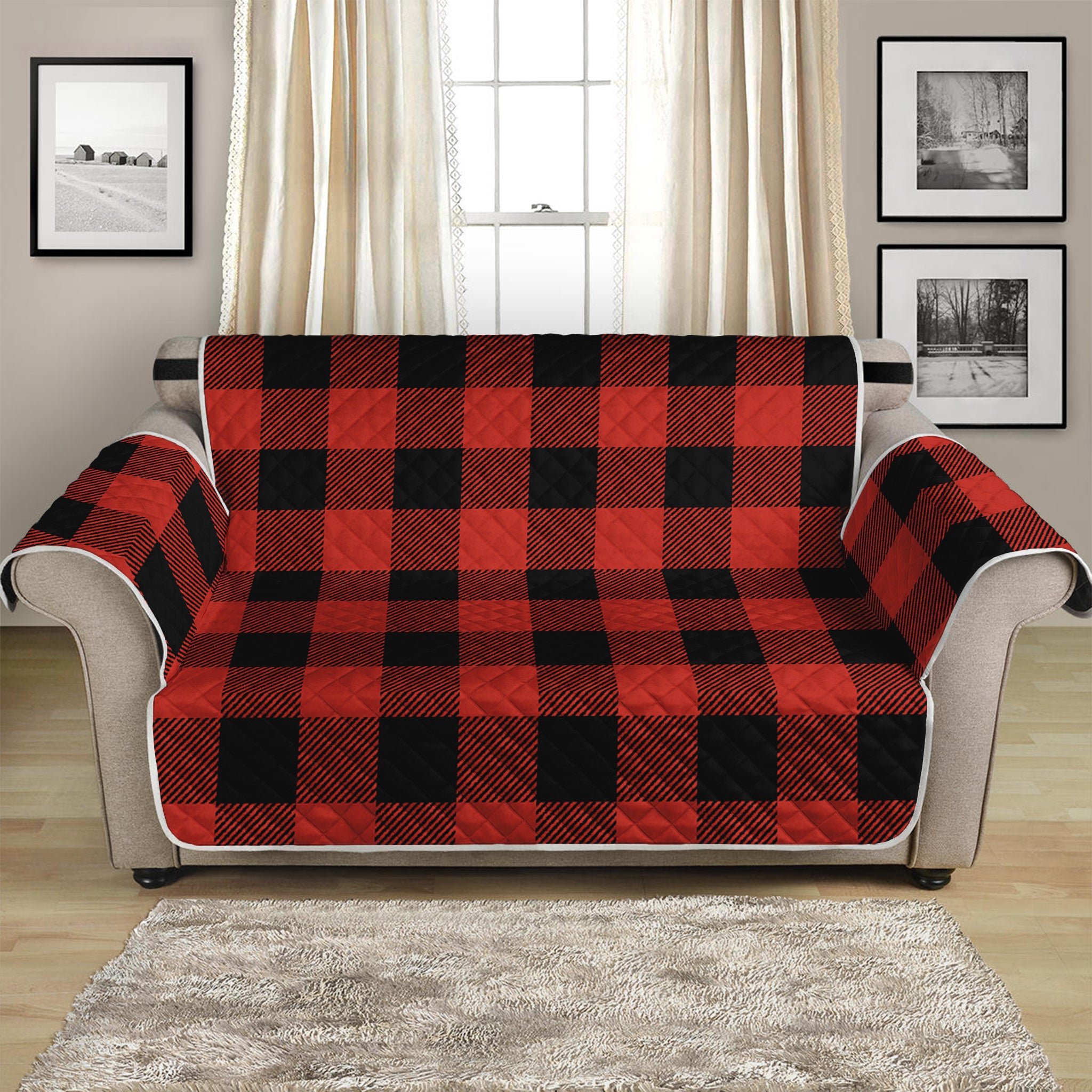 Lava Orange Buffalo Check Pattern Print Loveseat Protector