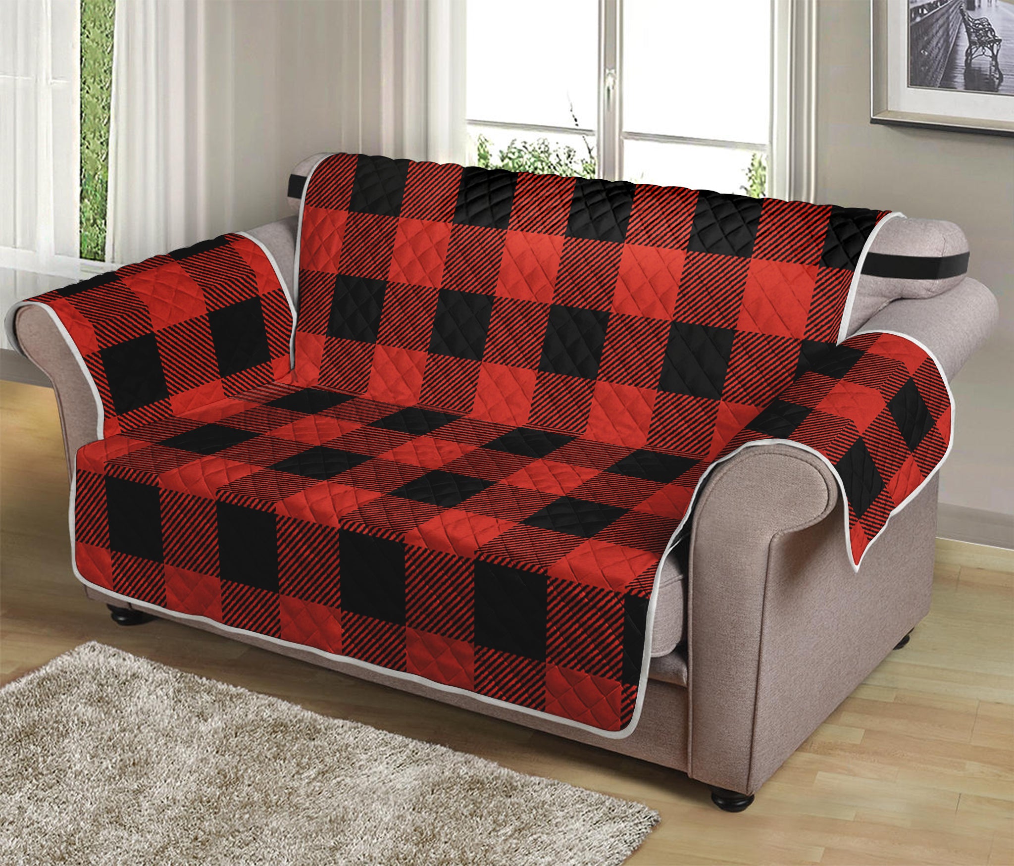 Lava Orange Buffalo Check Pattern Print Loveseat Protector