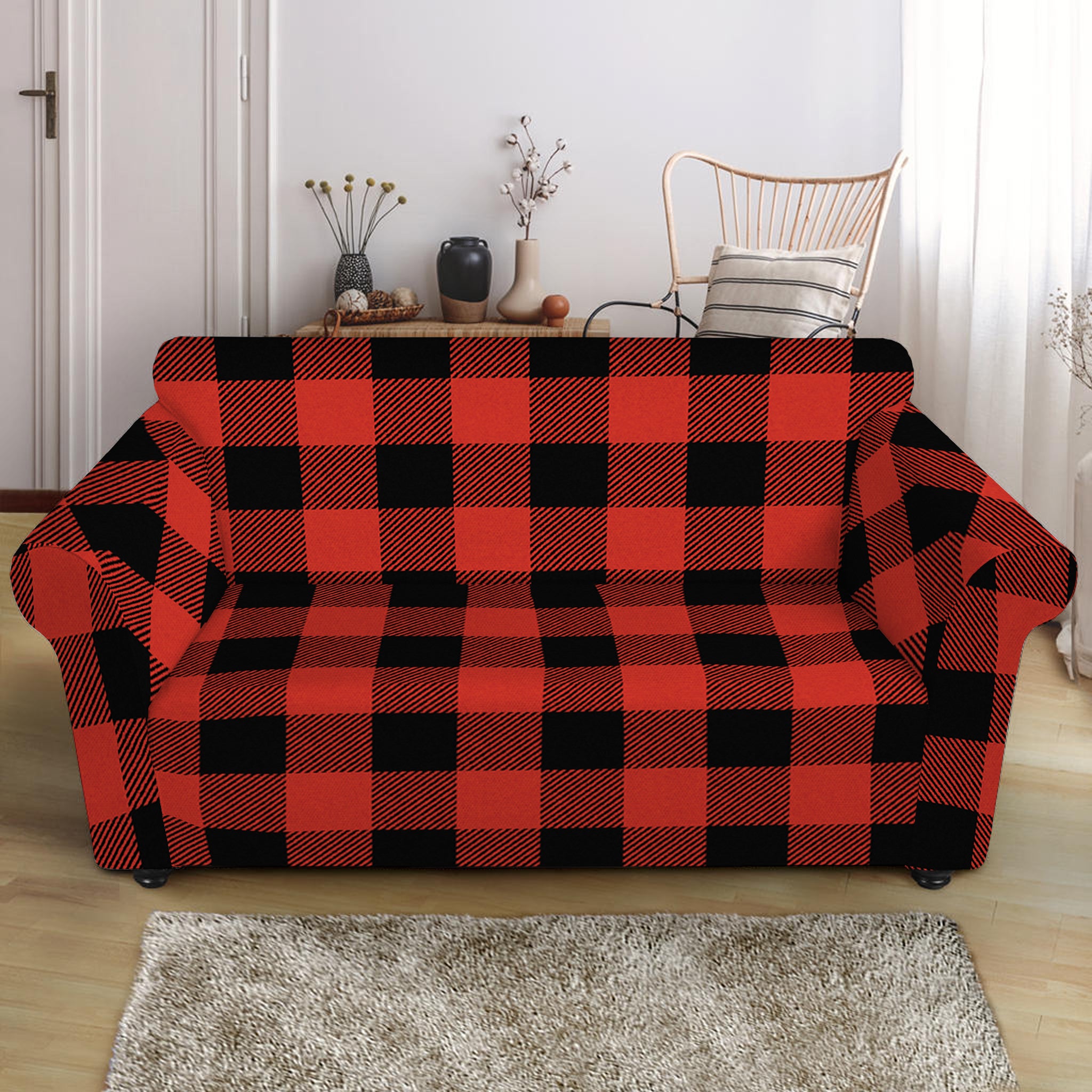 Lava Orange Buffalo Check Pattern Print Loveseat Slipcover