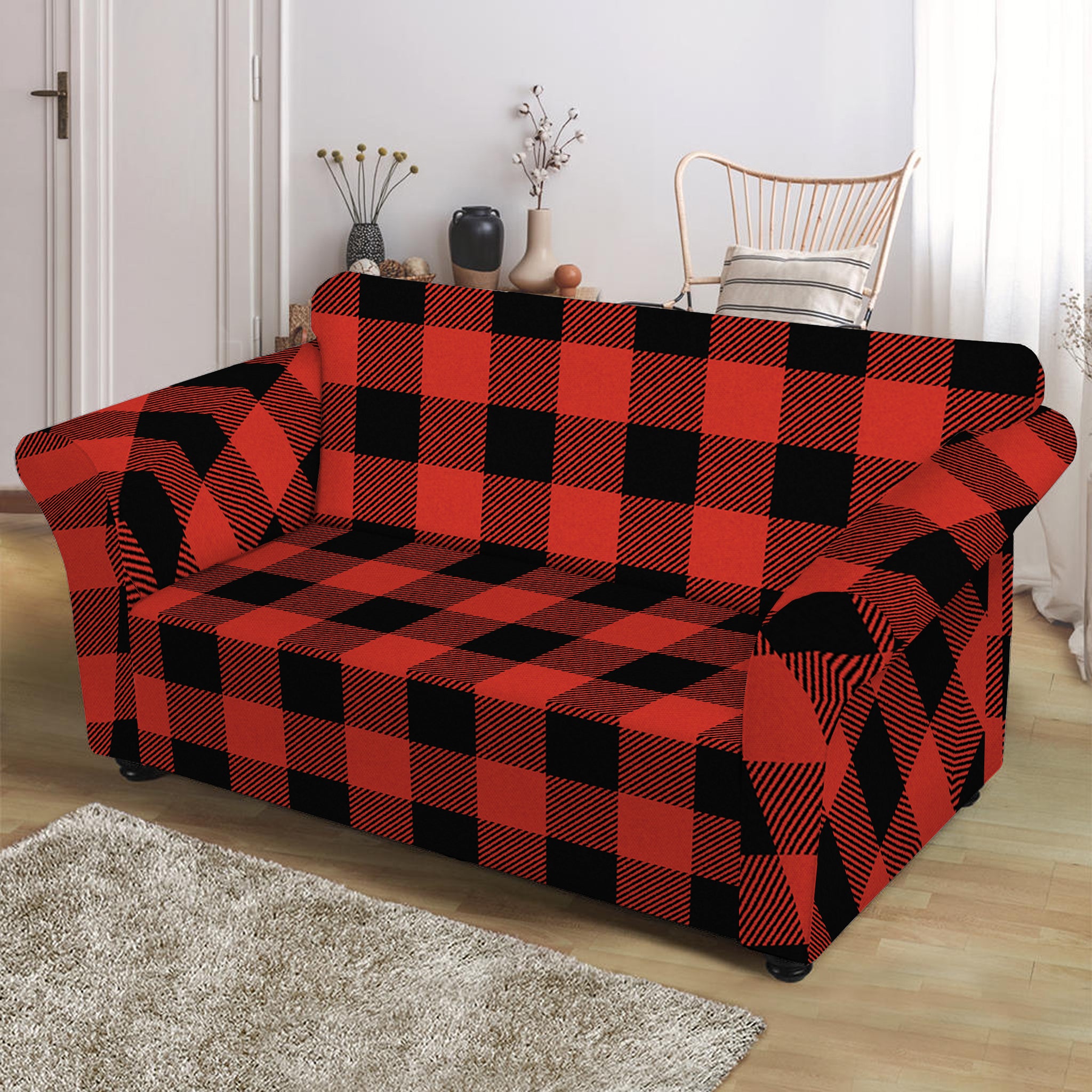 Lava Orange Buffalo Check Pattern Print Loveseat Slipcover