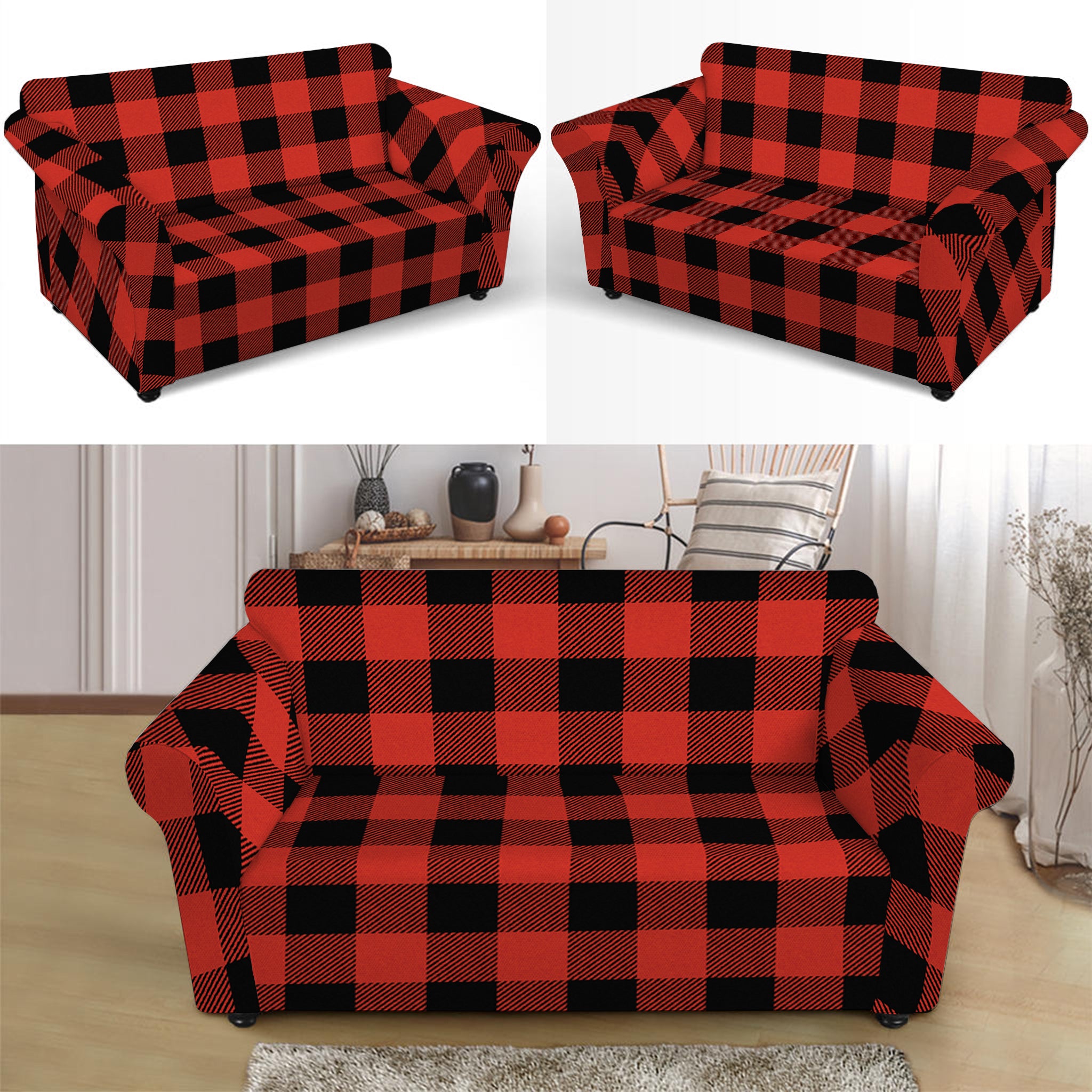 Lava Orange Buffalo Check Pattern Print Loveseat Slipcover