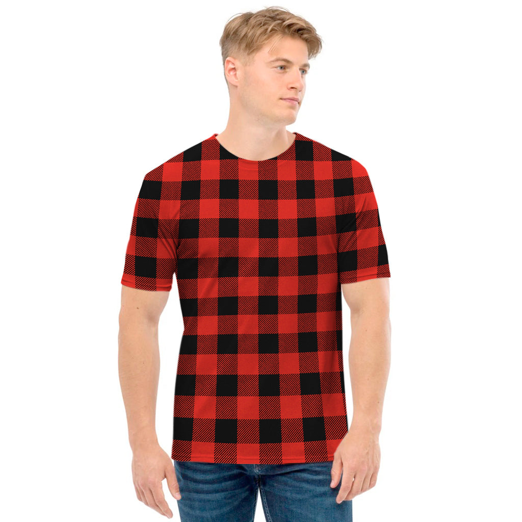 Lava Orange Buffalo Check Pattern Print Men's T-Shirt