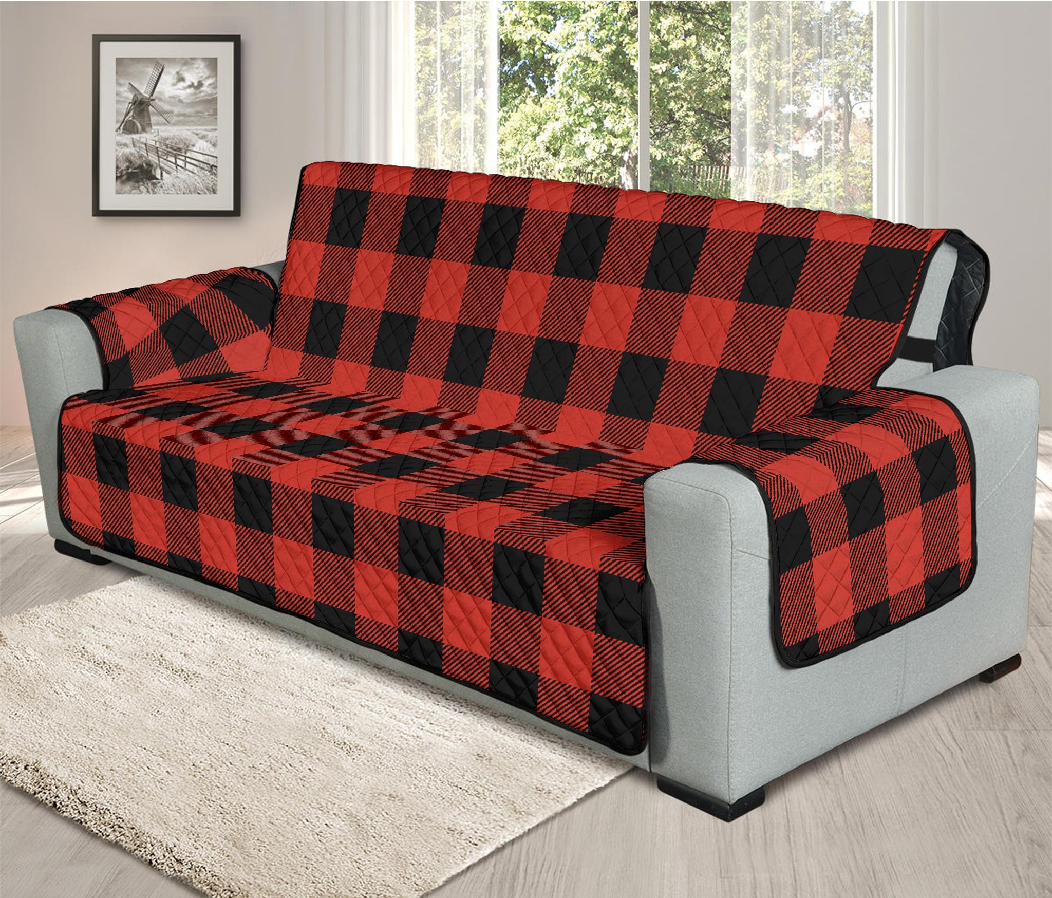 Lava Orange Buffalo Check Pattern Print Oversized Sofa Protector