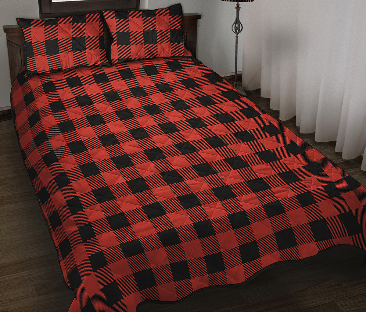 Lava Orange Buffalo Check Pattern Print Quilt Bed Set