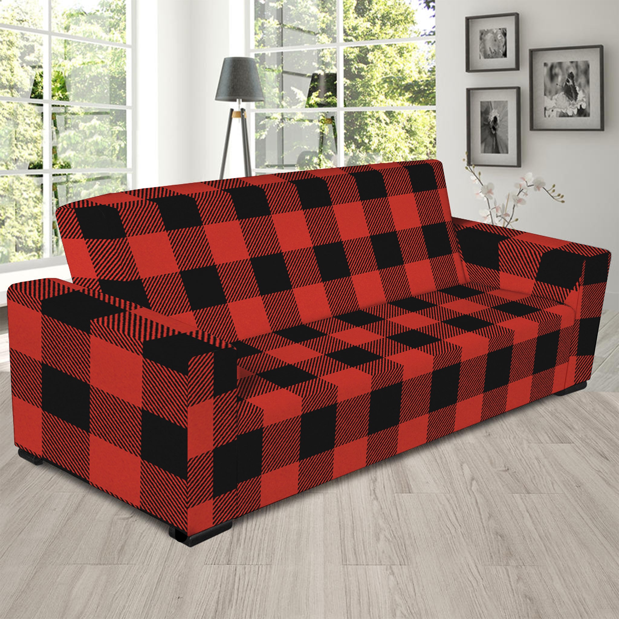 Lava Orange Buffalo Check Pattern Print Sofa Slipcover