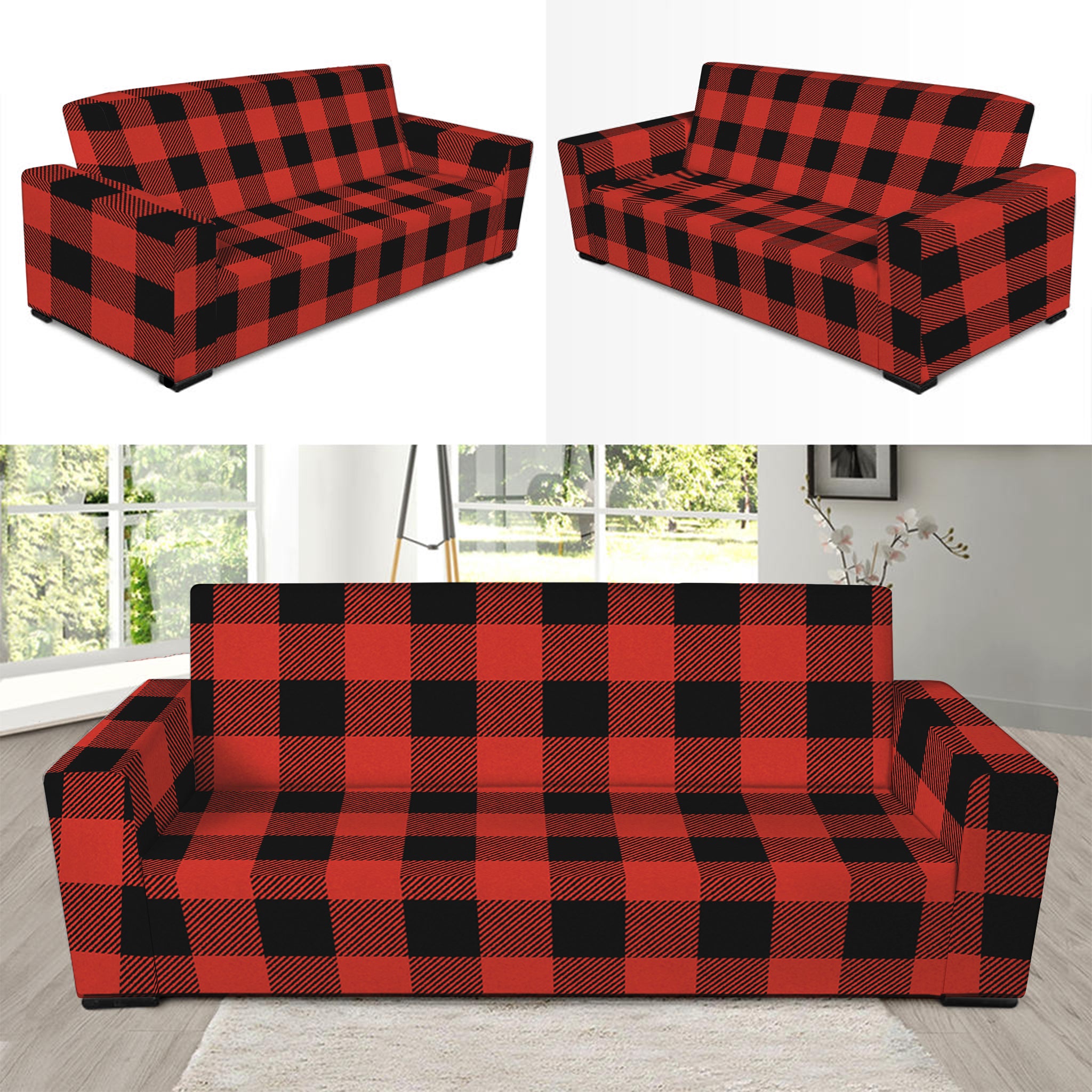 Lava Orange Buffalo Check Pattern Print Sofa Slipcover