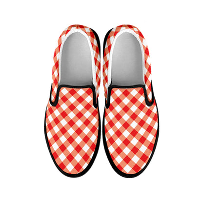 Lava Red And White Gingham Print Black Slip On Shoes