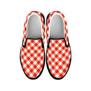 Lava Red And White Gingham Print Black Slip On Shoes