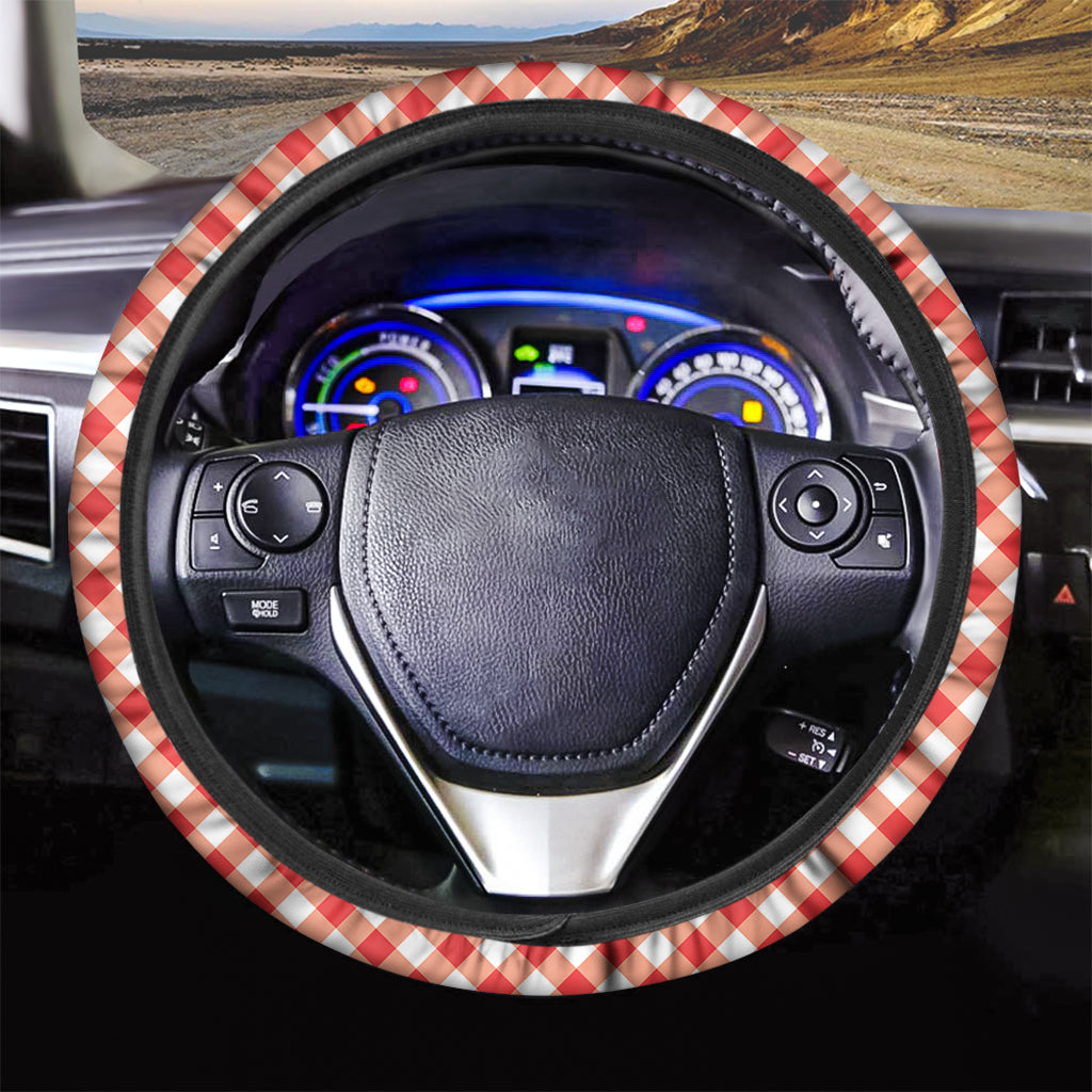 Lava Red And White Gingham Print Car Steering Wheel Cover