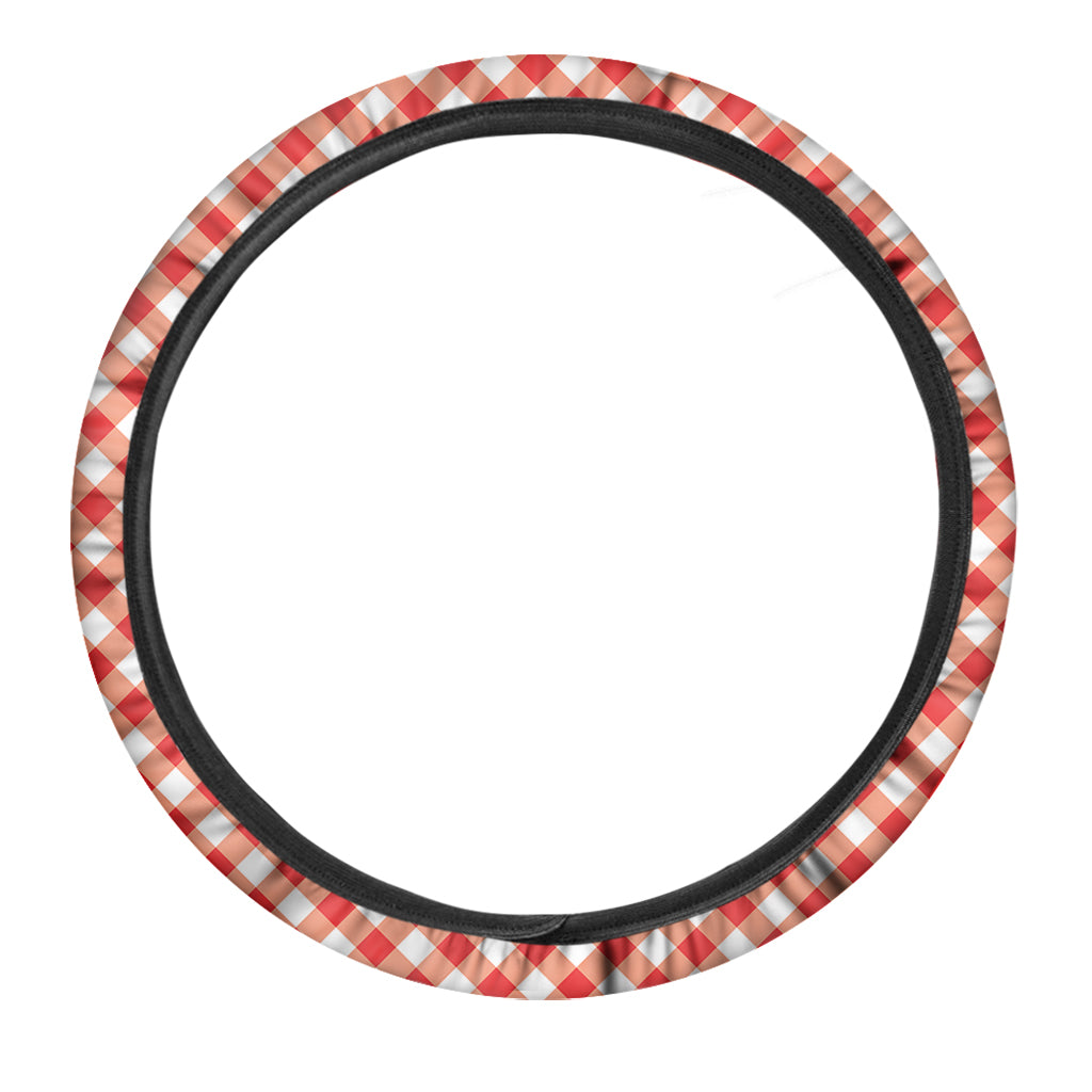 Lava Red And White Gingham Print Car Steering Wheel Cover