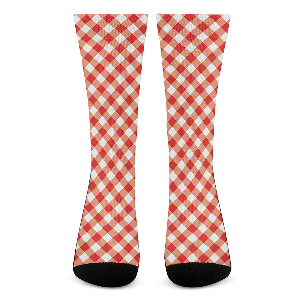 Lava Red And White Gingham Print Crew Socks