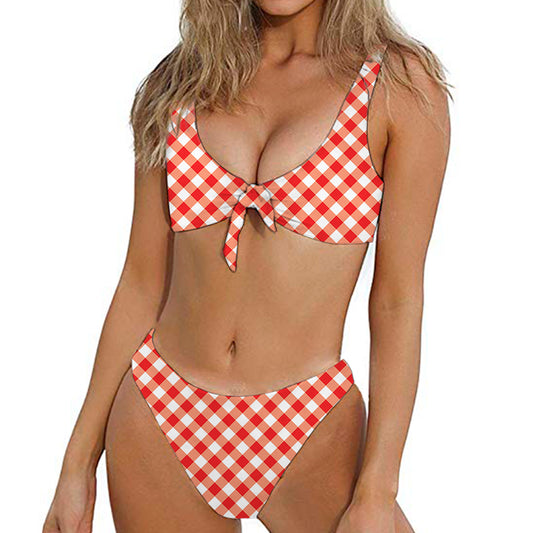 Lava Red And White Gingham Print Front Bow Tie Bikini