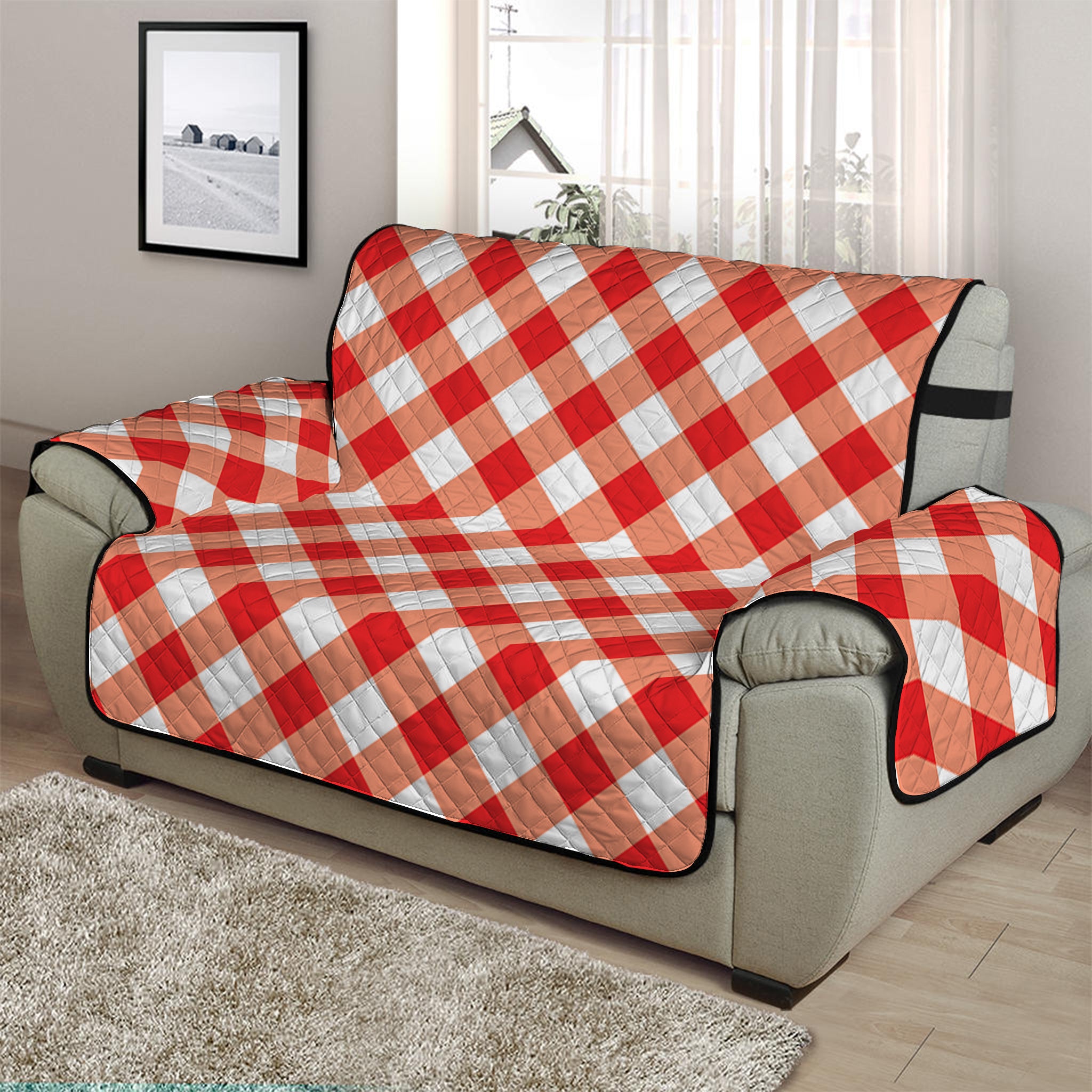 Lava Red And White Gingham Print Half Sofa Protector