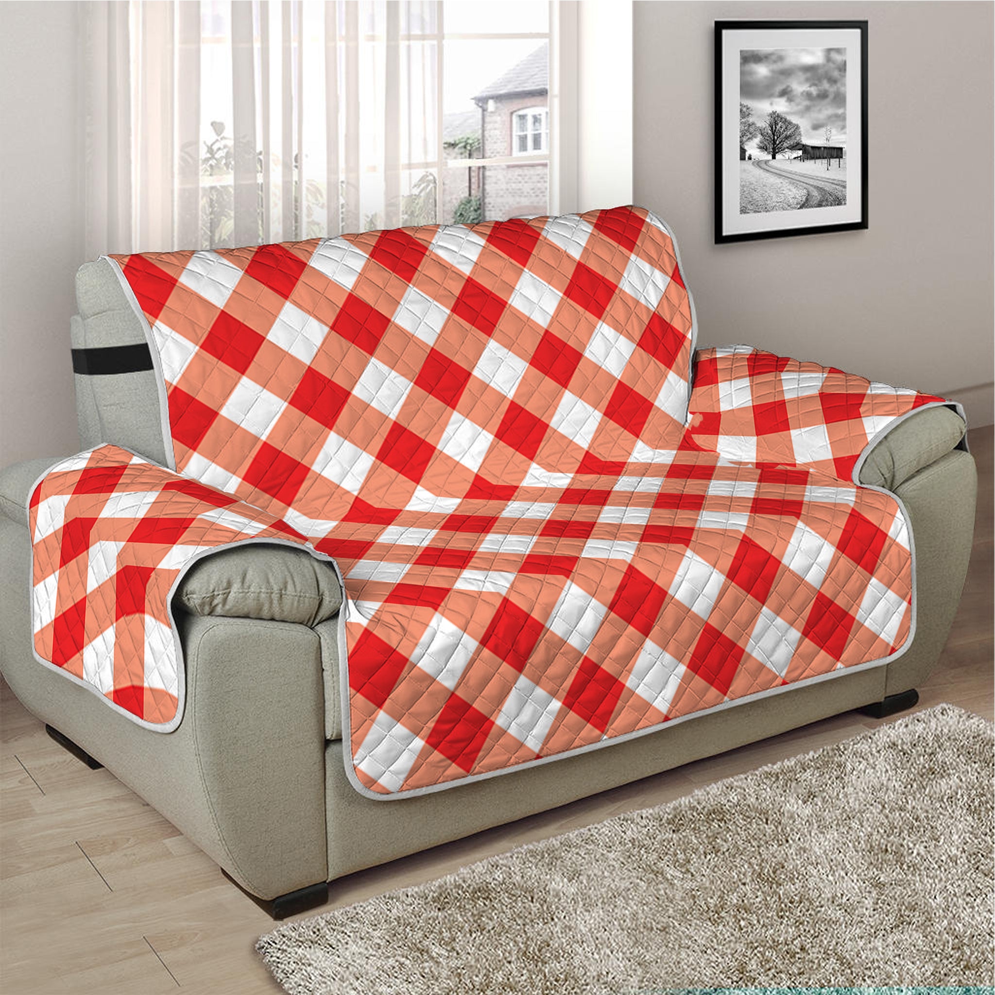 Lava Red And White Gingham Print Half Sofa Protector