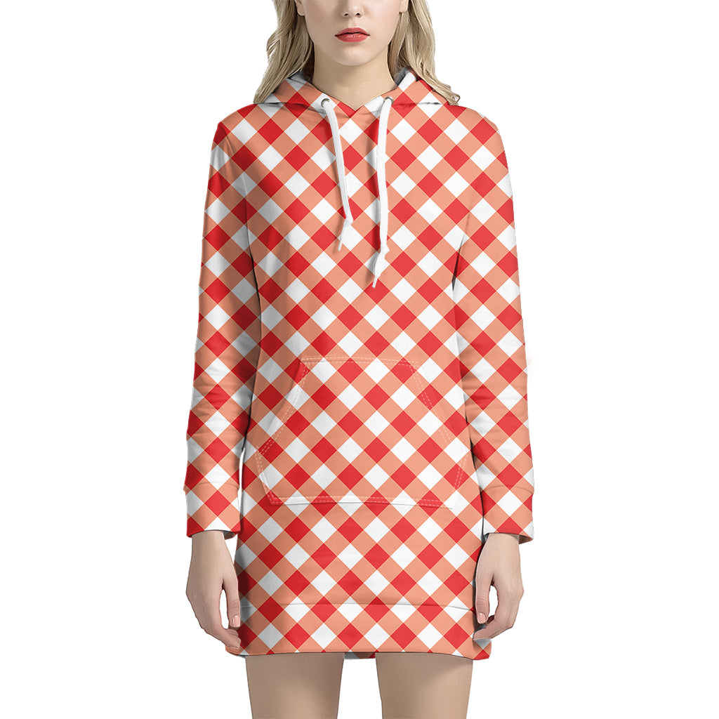 Lava Red And White Gingham Print Hoodie Dress