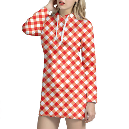 Lava Red And White Gingham Print Hoodie Dress