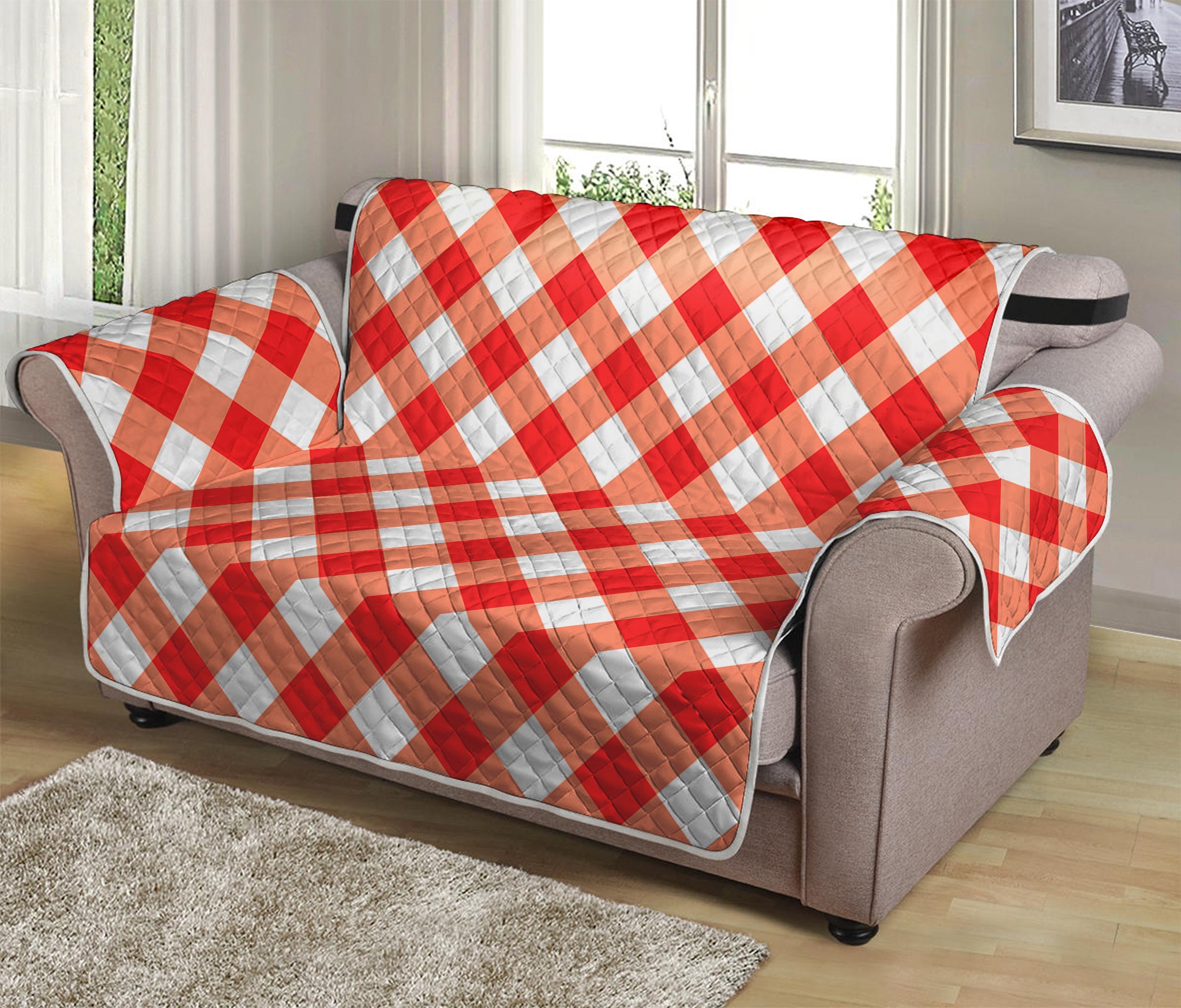 Lava Red And White Gingham Print Loveseat Protector