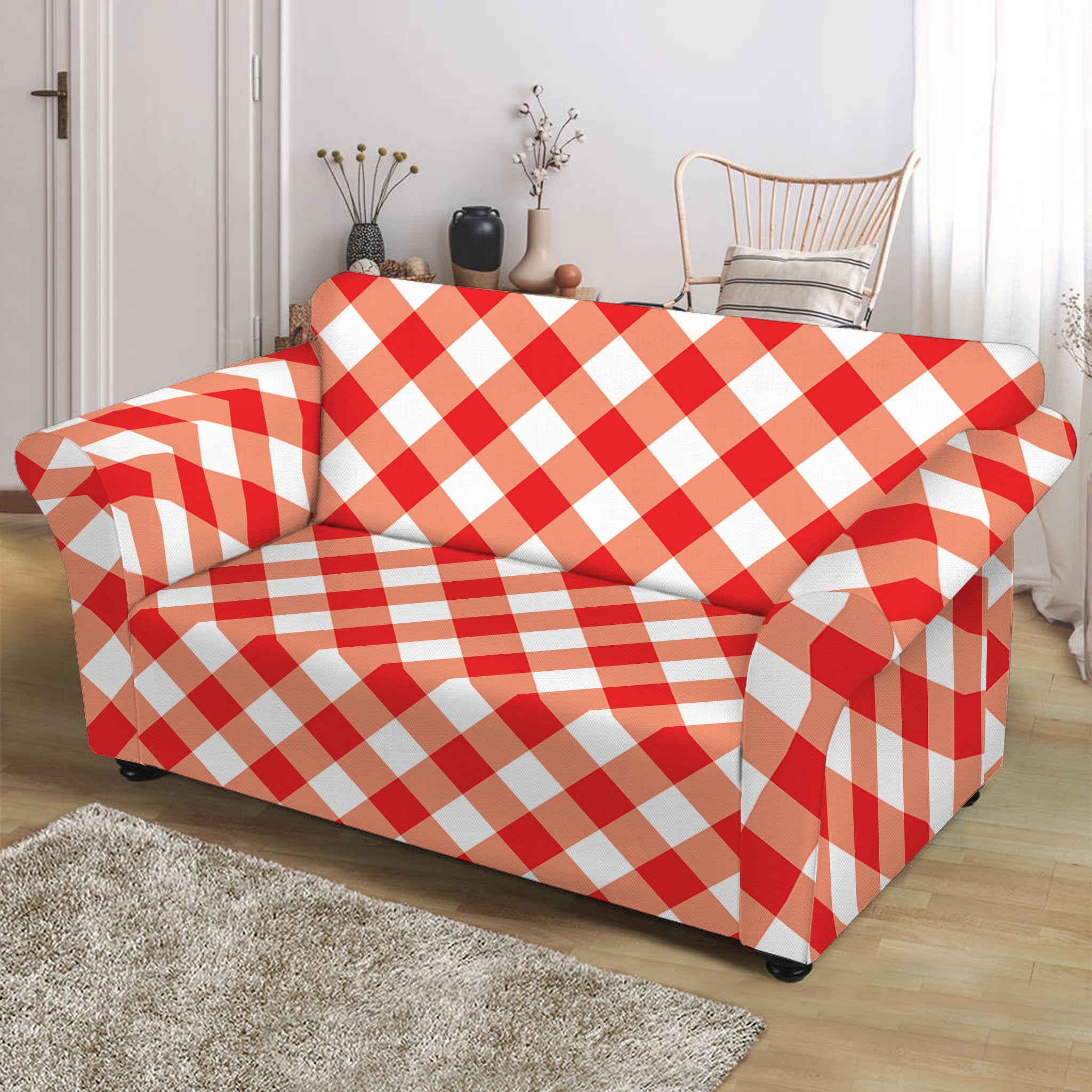 Lava Red And White Gingham Print Loveseat Slipcover