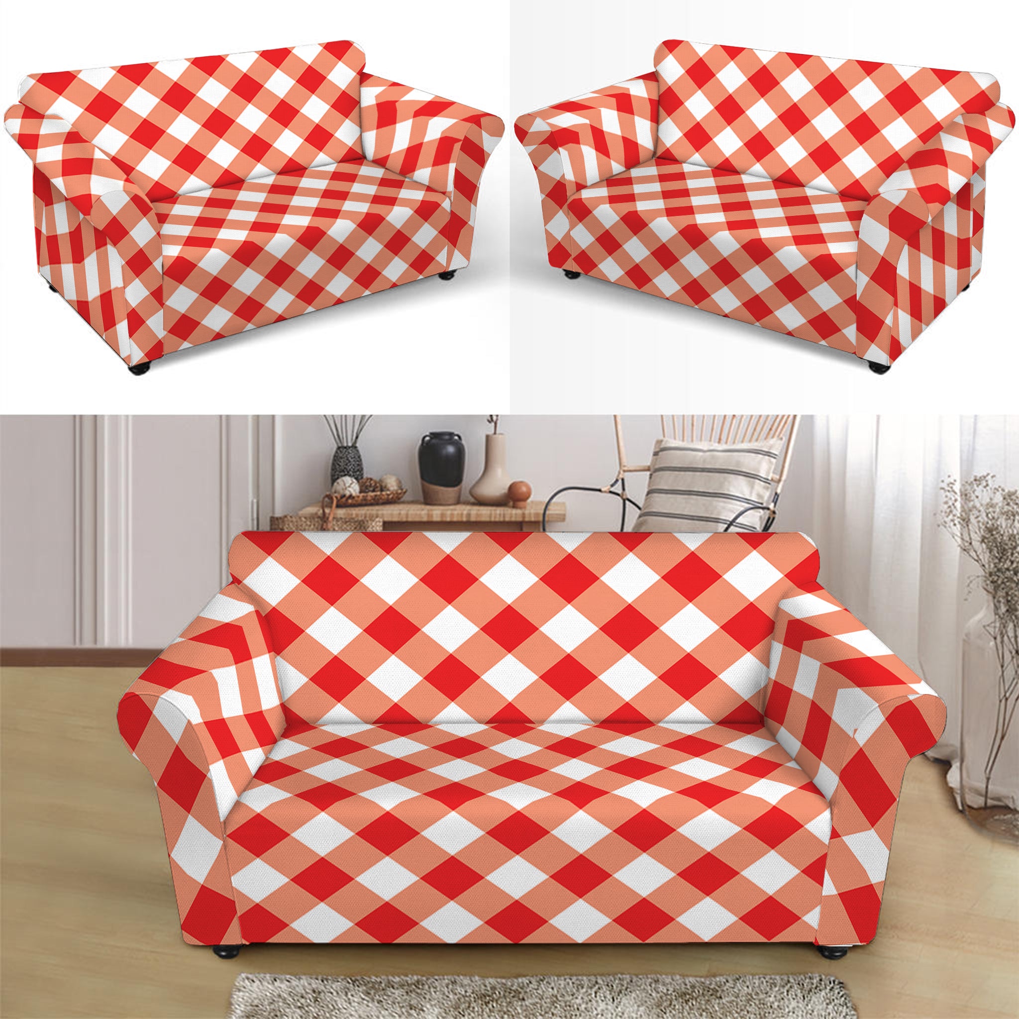 Lava Red And White Gingham Print Loveseat Slipcover