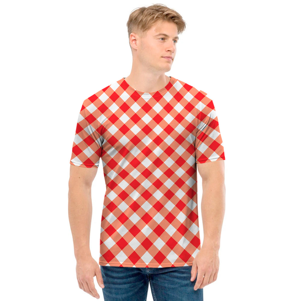 Lava Red And White Gingham Print Men's T-Shirt