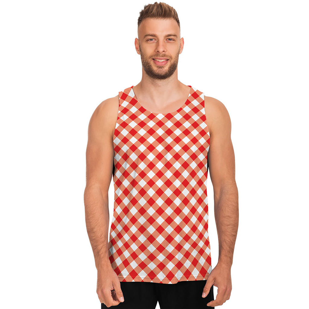 Lava Red And White Gingham Print Men's Tank Top
