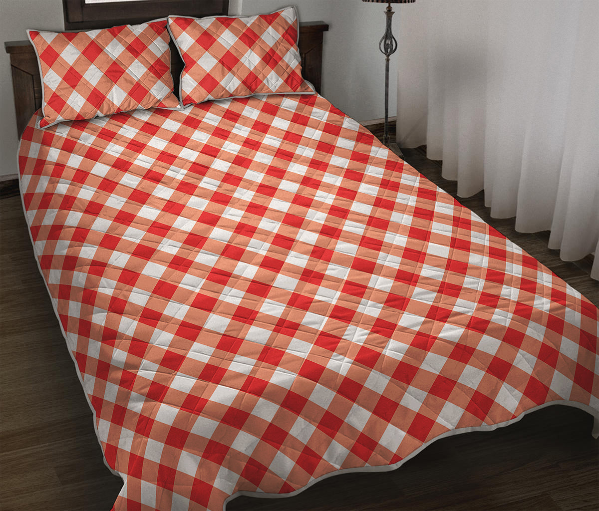 Lava Red And White Gingham Print Quilt Bed Set