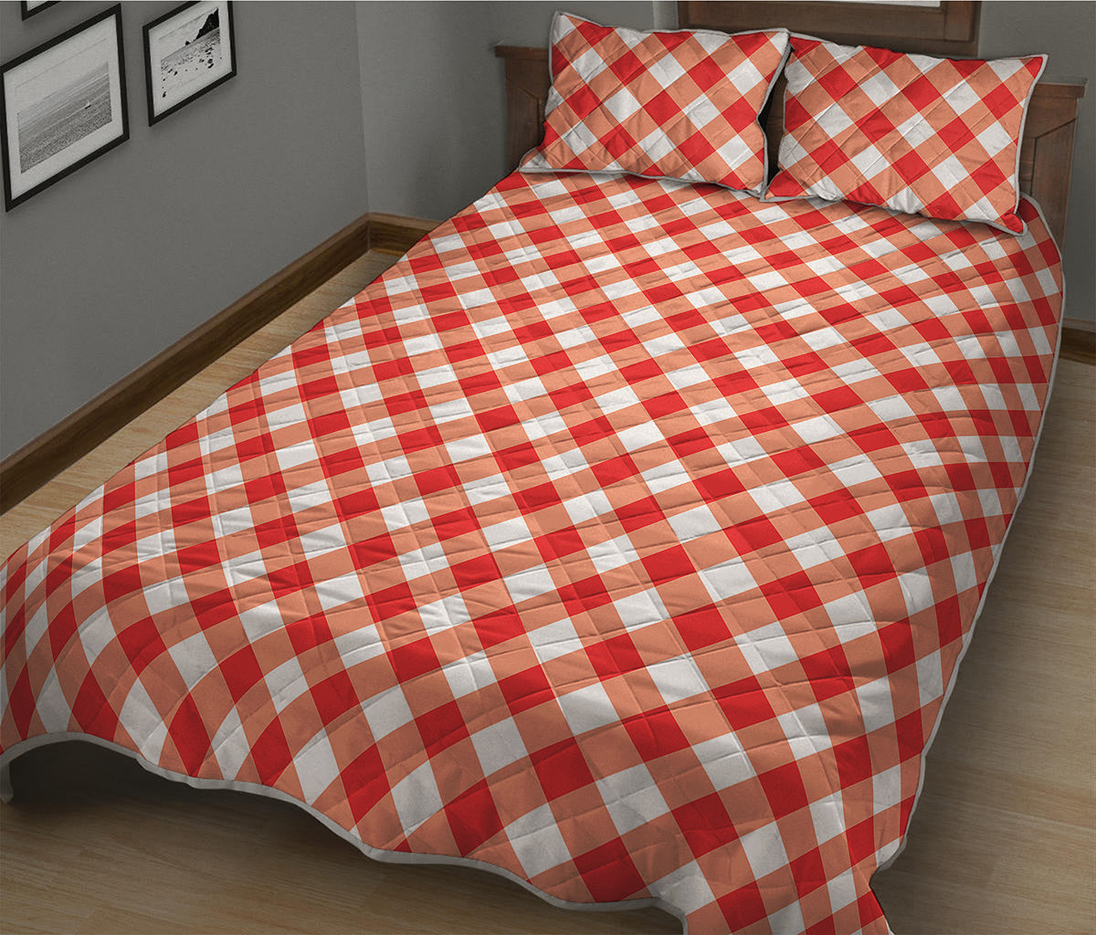 Lava Red And White Gingham Print Quilt Bed Set