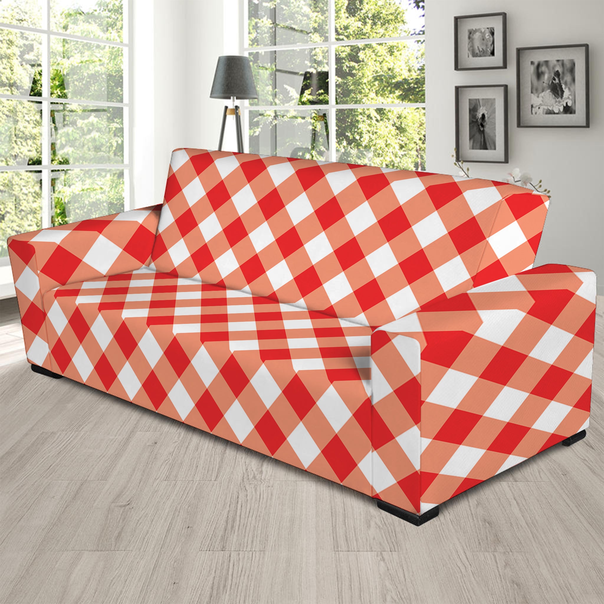 Lava Red And White Gingham Print Sofa Slipcover