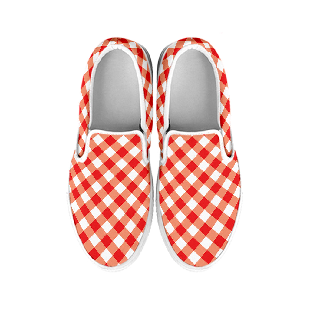 Lava Red And White Gingham Print White Slip On Shoes