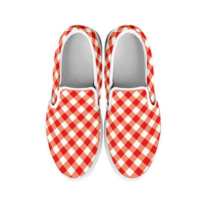 Lava Red And White Gingham Print White Slip On Shoes