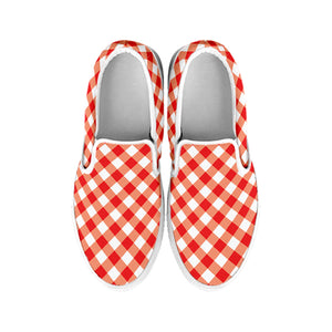 Lava Red And White Gingham Print White Slip On Shoes