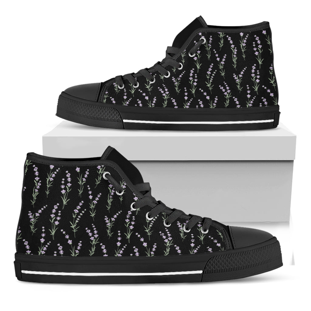 Lavender Flowers Pattern Print Black High Top Shoes