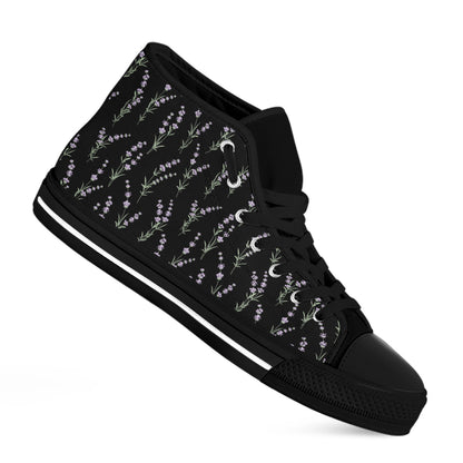 Lavender Flowers Pattern Print Black High Top Shoes