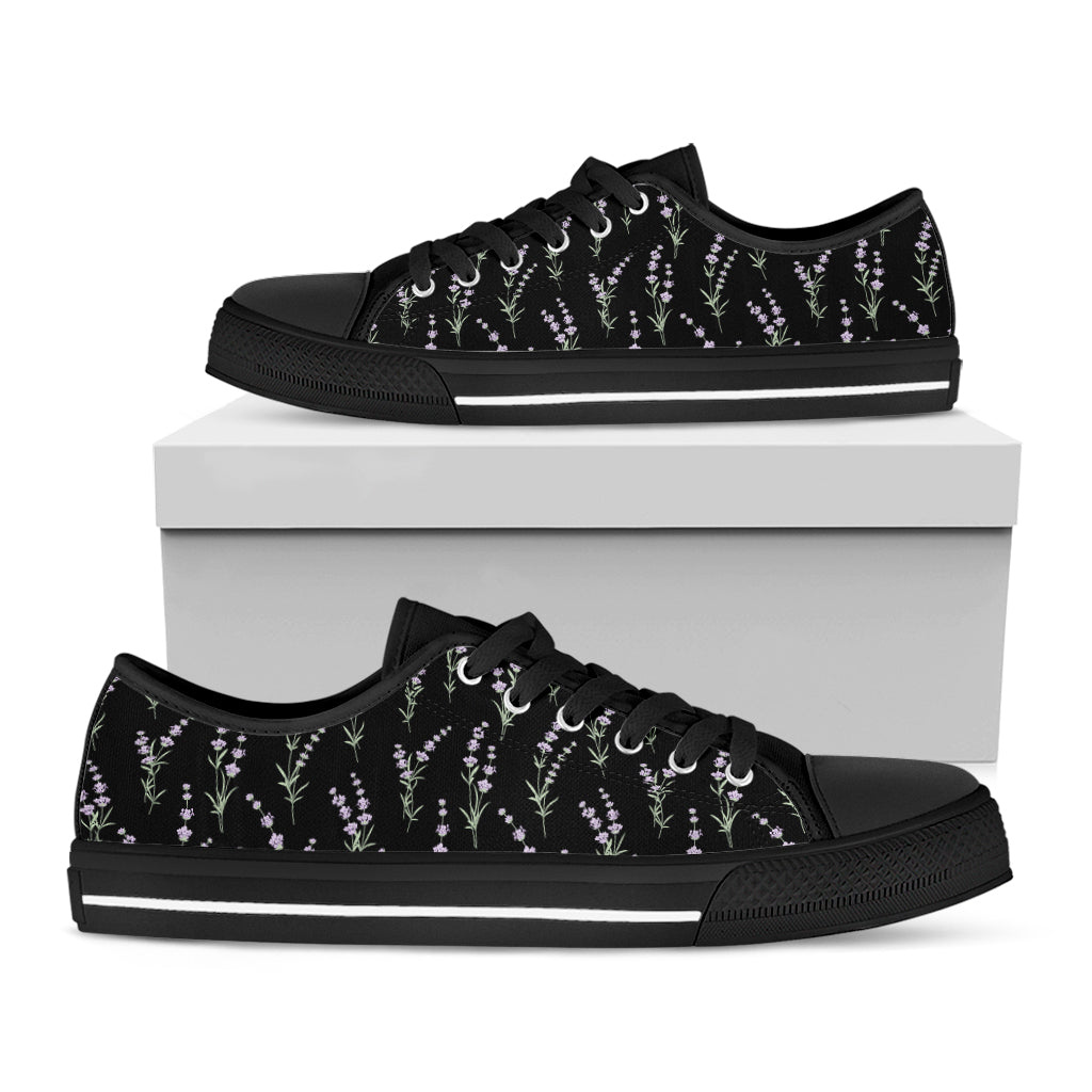 Lavender Flowers Pattern Print Black Low Top Shoes