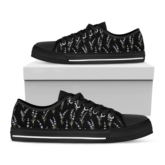 Lavender Flowers Pattern Print Black Low Top Shoes